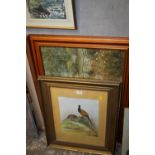 A FRAME AND GLAZED WATERCOLOUR DEPICTING PHEASANTS SIGNED W E HARPER TOGETHER WITH A PRINT