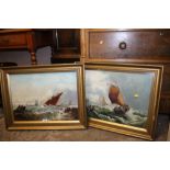 A PAIR OF FRAMED OILS ON CANVAS DEPICTING SHIPS IN STORMY SEASCAPES SIGNED A HOCKENHULL