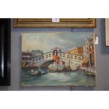 AN UNFRAMED OIL ON CANVAS DEPICTING A CANAL SCENE