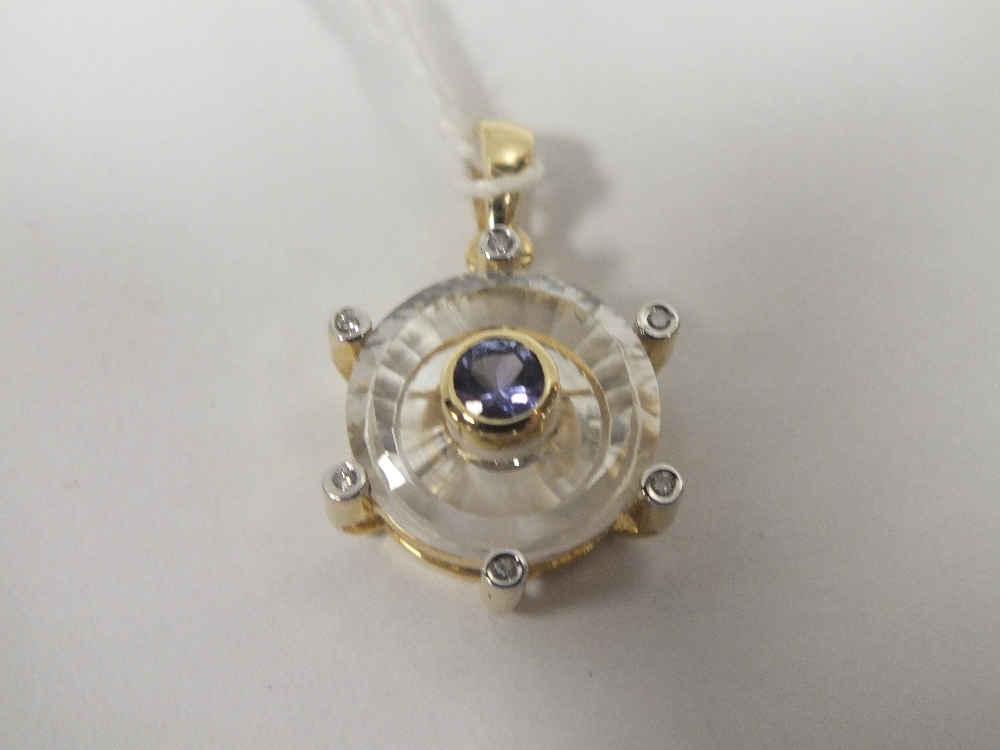 A HALLMARKED 9K GOLD WHITE QUARTZ TANZANITE AND DIAMOND PENDANT, the white quartz is approx 5.8