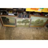 THREE ASSORTED FRAMED HENRY E FOSTER OIL PAINTINGS DEPICTING LANDSCAPES WITH SHEEP ETC.