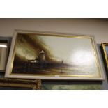 A LARGE FRAMED OIL ON CANVAS BY DAVID CARTWRIGHT DEPICTING A WINDMILL