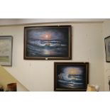 TWO FRAMED MODERN OILS ON CANVAS DEPICTING SEASCAPES ONE SIGNED LOWER RIGHT