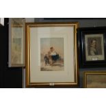 A GILT FRAMED INDISTINCTLY SIGNED WATERCOLOUR DEPICTING A WOMAN WITH CHILDREN DATED 1850