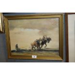 A GILT FRAMED OIL ON CANVAS DEPICTING HEAVY HORSES PLOUGHING