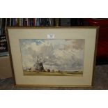 A FRAMED AND GLAZED WATERCOLOUR DEPICTING A WINDMILL SIGNED ANN YATES