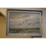 JASON PARTNER. Twentieth century British school, geese in flight over marshland 'Brents going out to