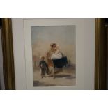 A GILT FRAMED INDISTINCTLY SIGNED WATERCOLOUR DEPICTING A WOMAN WITH CHILDREN DATED 1850