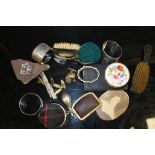 A BAG OF ASSORTED COLLECTABLES TO INCLUDE A HALLMARKED SILVER NAPKIN RING, BRUSHES ETC.