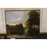 NINETEENTH CENTURY NORWICH SCHOOL, a stormy wooded river landscape, unsigned, oil on panel,
