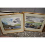 A PAIR OF FRAMED AND GLAZED HENRY WEINBERGER WATERCOLOURS DEPICTING ULLAPOOL AND IRISH FISHING BOATS