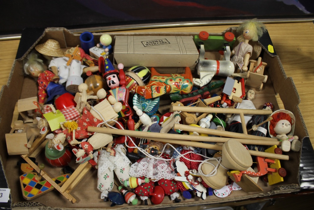 A TRAY OF MINIATURE WOODEN TOYS ETC