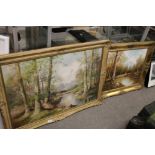 TWO MODERN GILT FRAMED OILS ON CANVASES DEPICTING WOODLAND SCENES