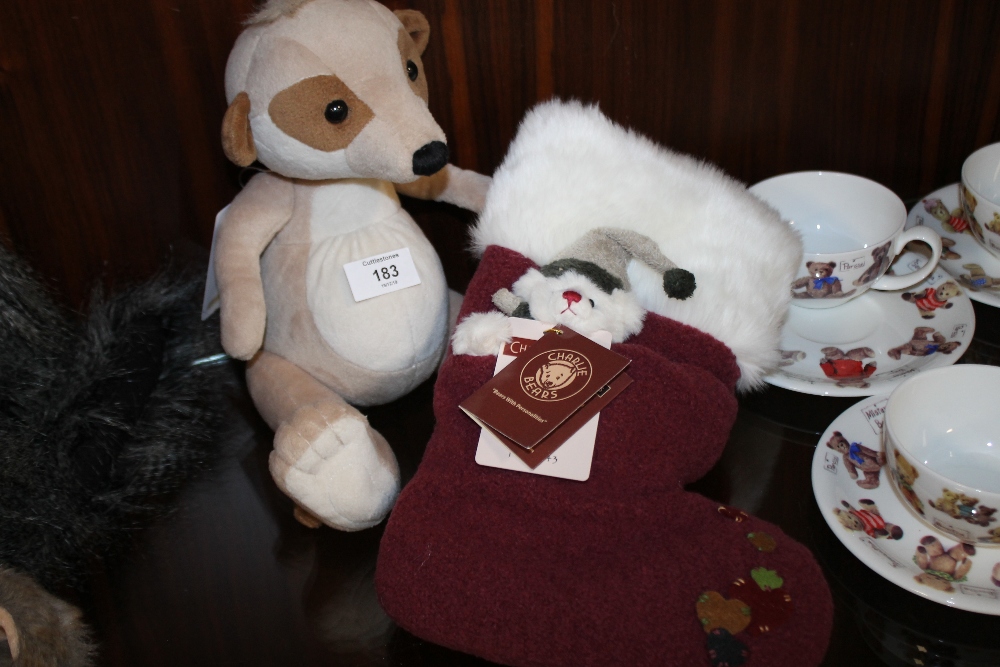 A CHARLIE BEARS CHRISTMAS STOCKING TOGETHER WITH A LIMITED EDITION MEERKAT - BOTH NEW WITH TAGS (2)