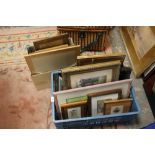 TWO BOXES OF ASSORTED PICTURES AND PRINTS TO INCLUDE OIL PAINTINGS, WATERCOLOURS ETC.