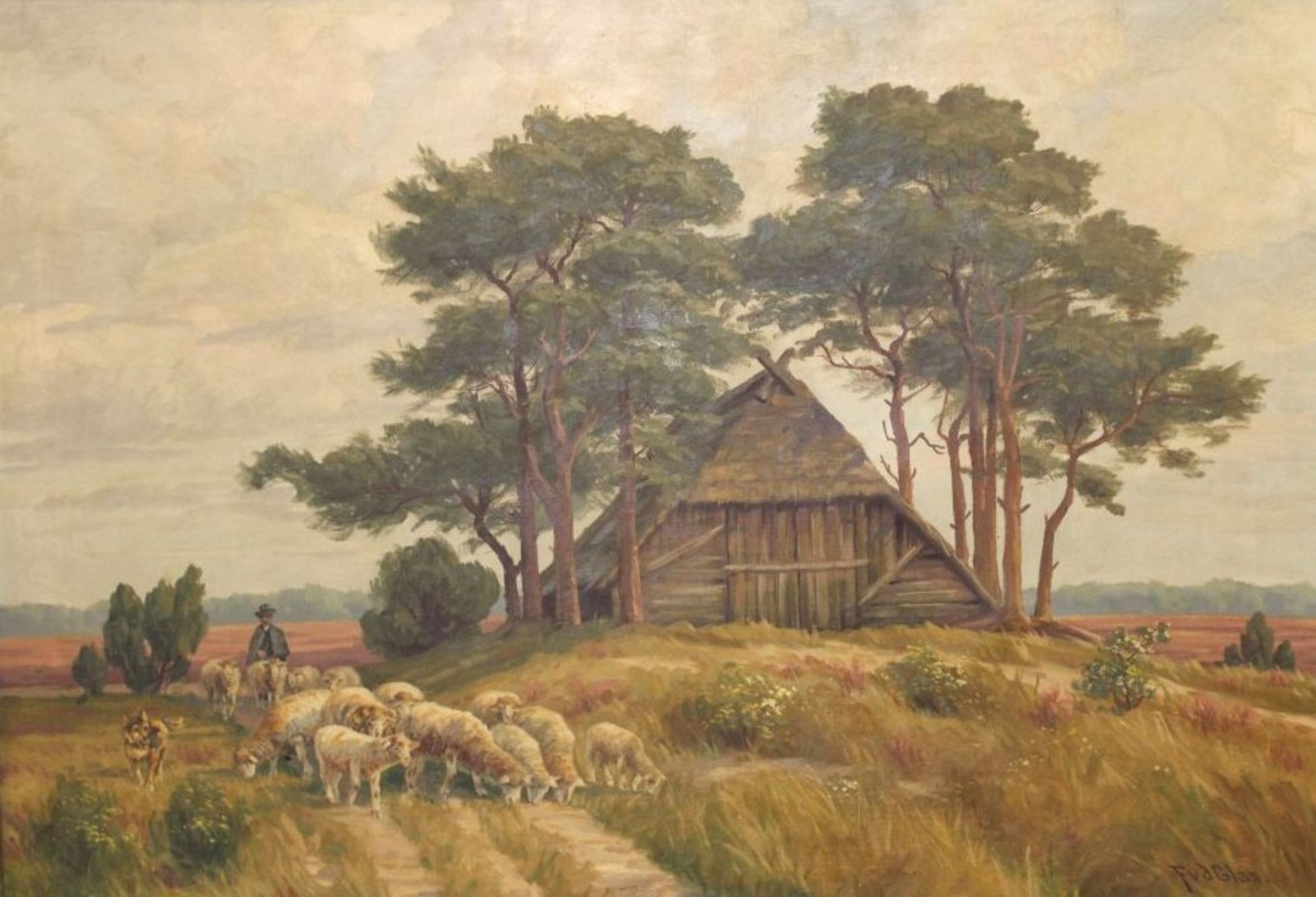 Frans VON DER GLAS (1878-1964) "Heideschäfer mit Herde vor Stall", Öl/Leinwand, gut gerahmt, RG 89 x