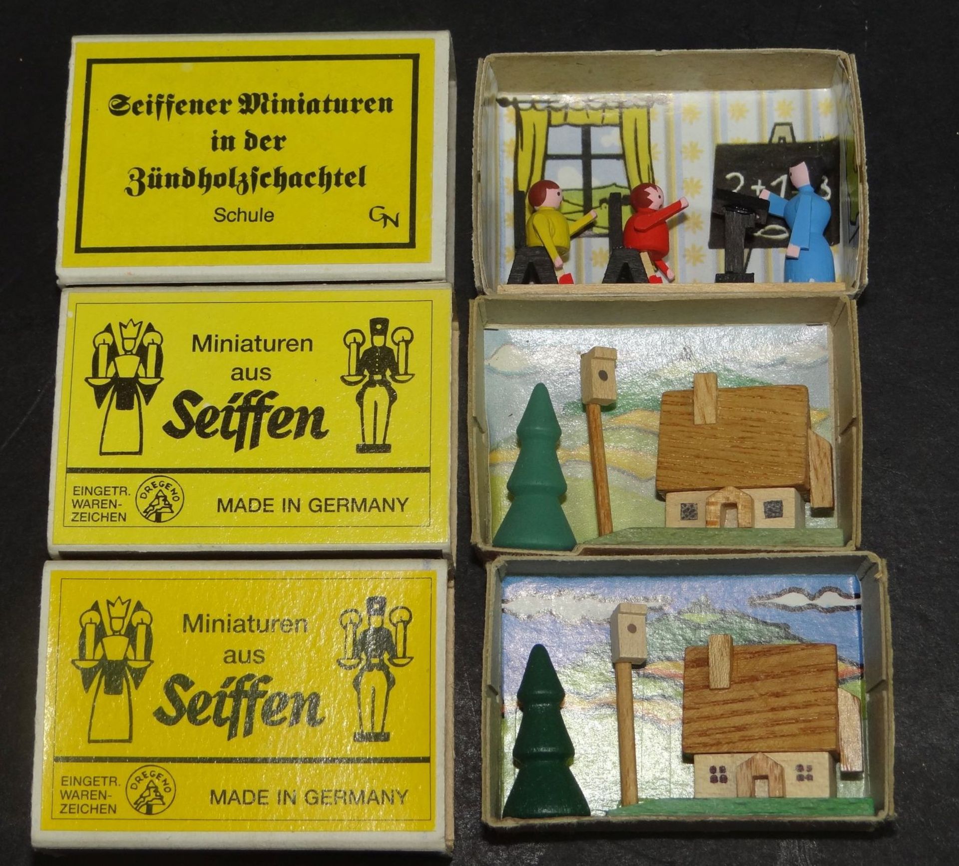 3x Seiffener Miniaturen in Streichholzschachtel