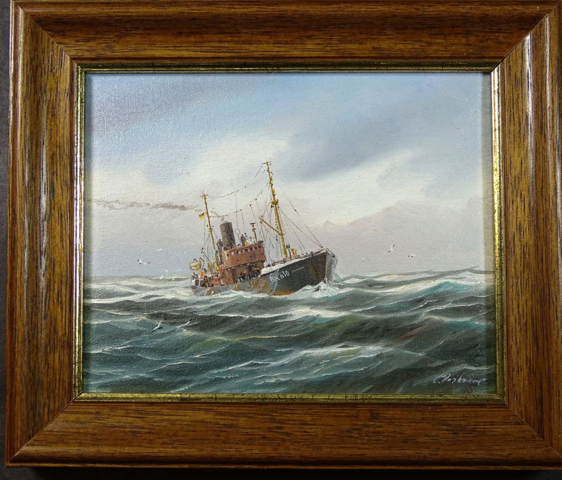 Klaus ROSKAMP (1941)"Fischdampfer auf See" kl. Gemälde, Öl/Leinen, gerahmt, RG 16x19 c - Bild 2 aus 4