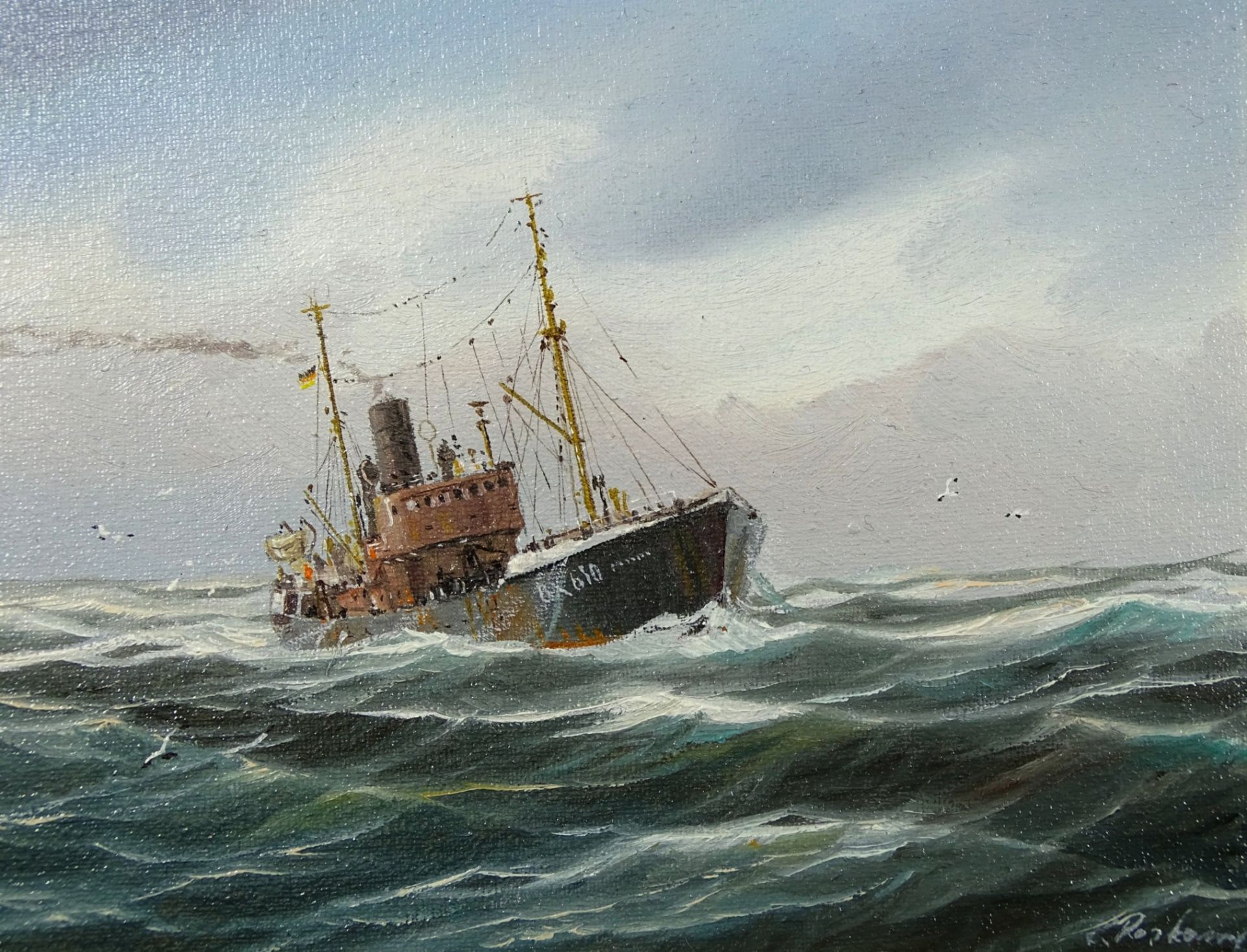 Klaus ROSKAMP (1941)"Fischdampfer auf See" kl. Gemälde, Öl/Leinen, gerahmt, RG 16x19 c