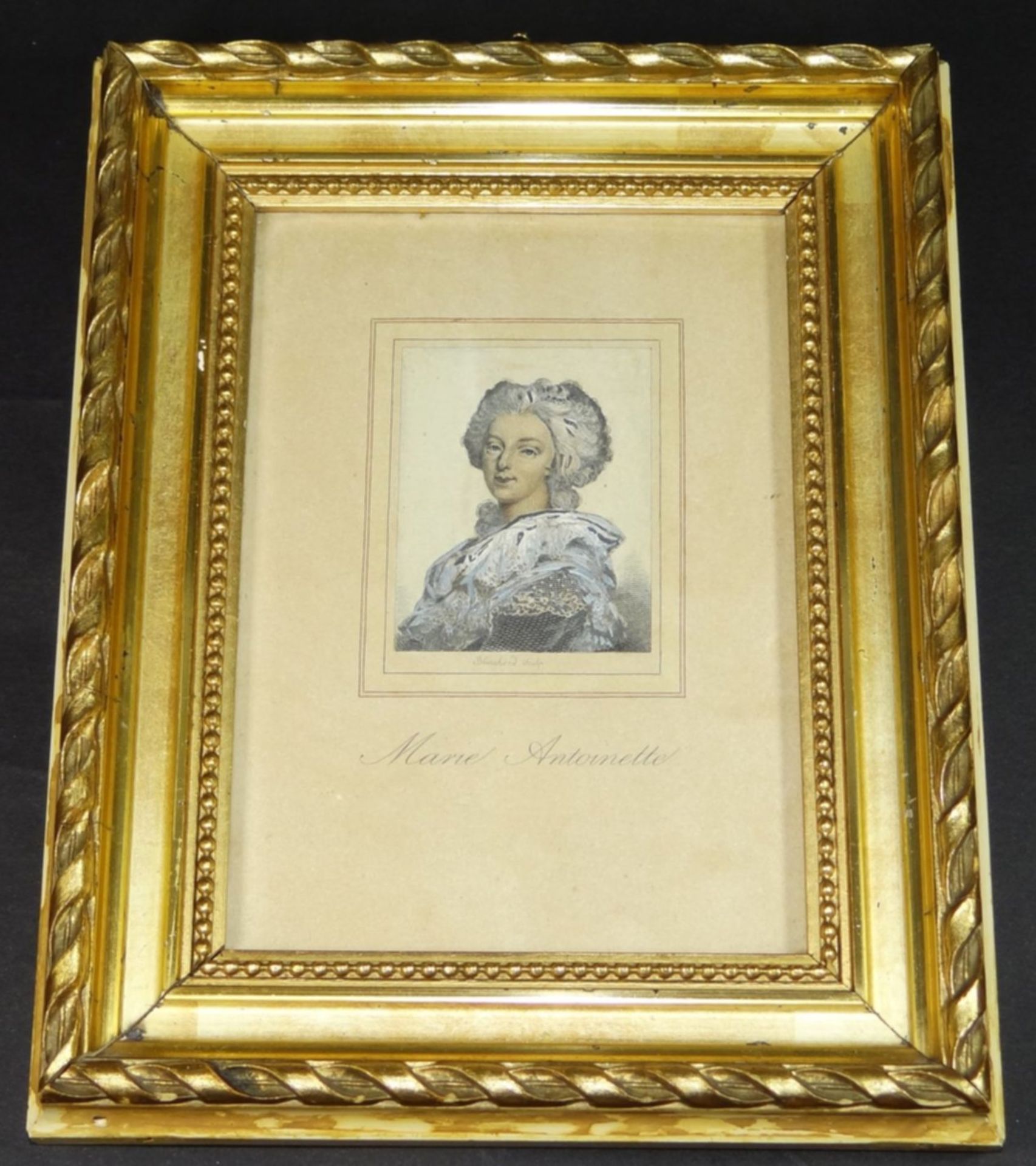 kl. Lithografie um 1840 "Marie Antoinette", alt ger/Glas, RG 19x15 cm