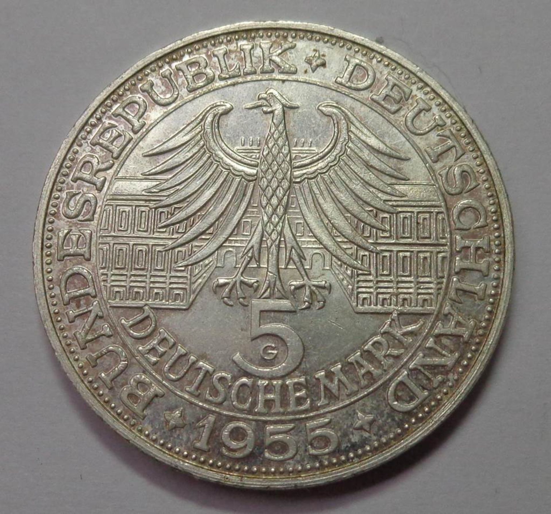 5 Deutsche Mark, 1955 G, Ludwig Wilhelm Markgraf von Baden, vz., 11,18 gr. - Bild 2 aus 2