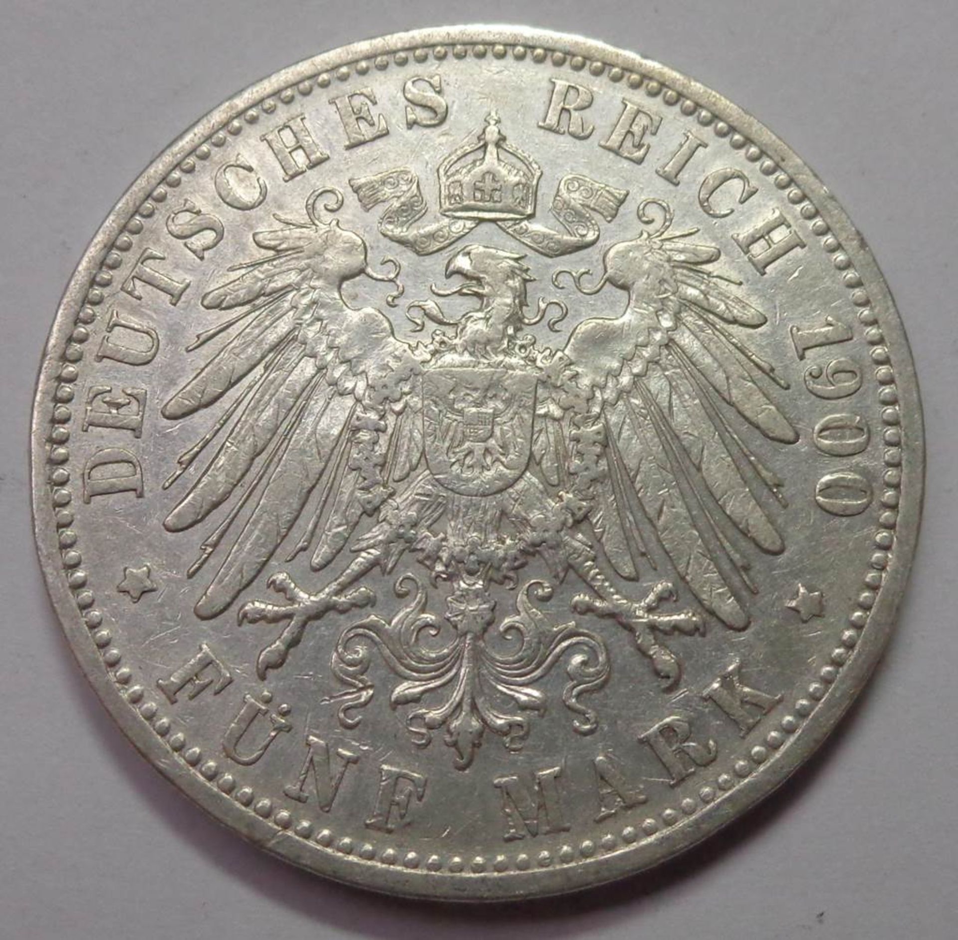 Fünf Mark, Deutsches Reich 1900 G, Friedrich Grosherzog v. Baden, vz., 27,58 gr - Bild 2 aus 2