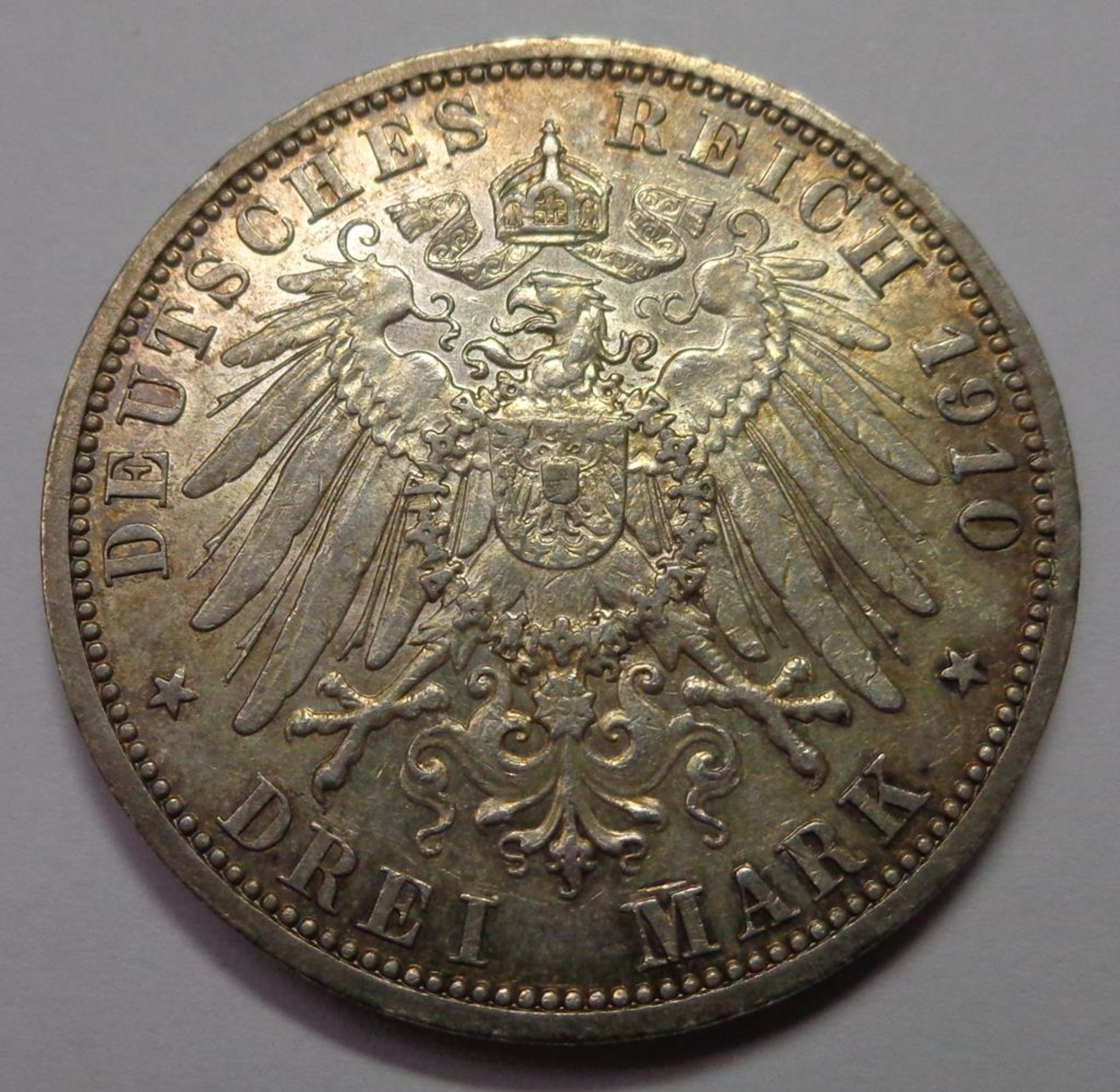 Drei Mark, Deutsches Reich, 1910 A, Ernst Ludwig Grossherzog von Hessen, s, 16,63 gr. - Bild 2 aus 2