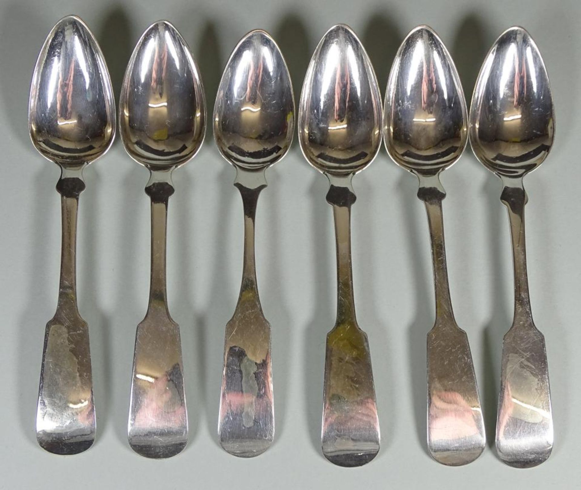 6 Spaten Löffel,siv.Punzierungen,Silber,England um 1802,L-15,5cm, zus.117gr