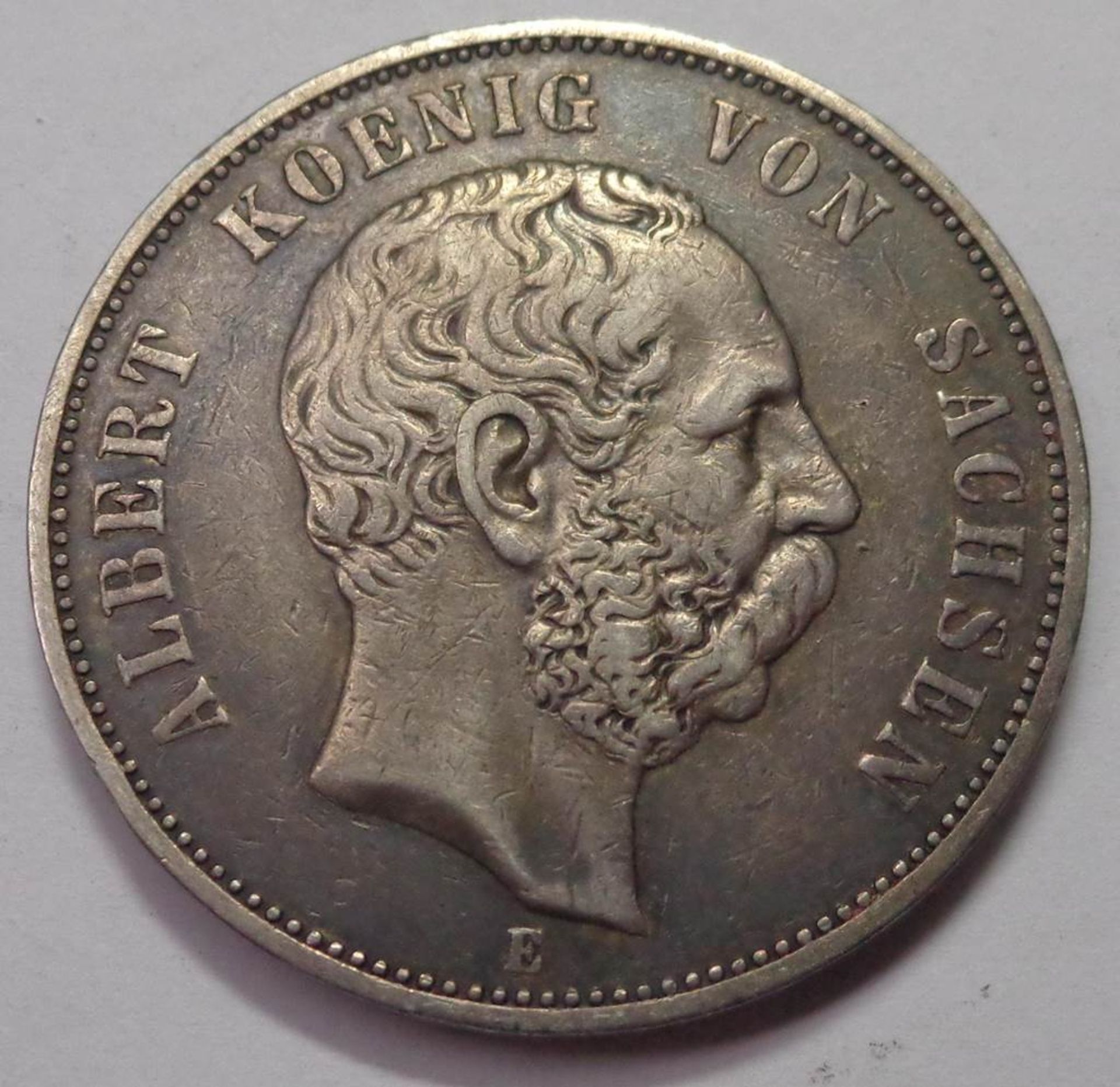 Fünf Mark, Deutsches Reich 1891 E, Albert König v. Sachsen, s-ss, 27,59 g - Bild 2 aus 2