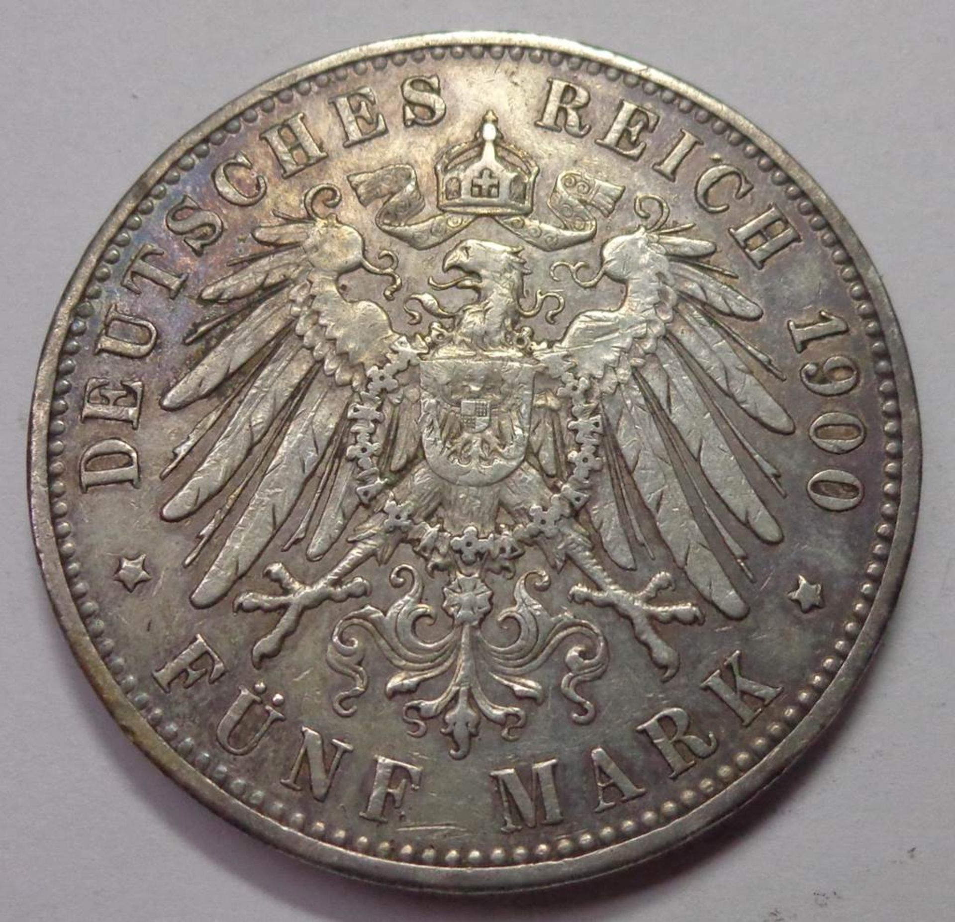 Fünf Mark, Deutsches Reich 1900 E, Albert König v. Sachsen, ss, 27,71 g - Bild 2 aus 2