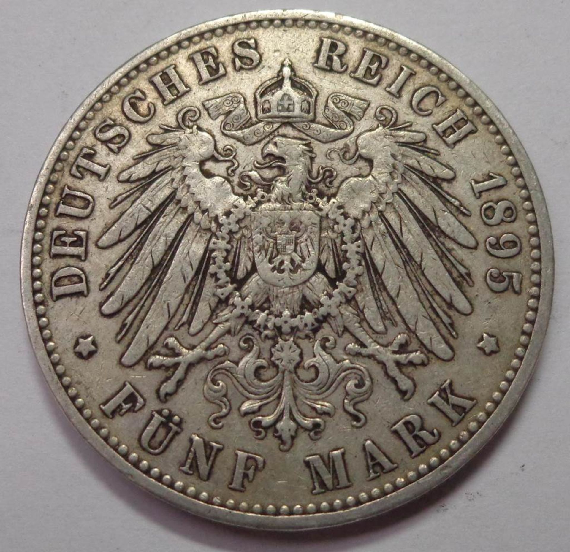Fünf Mark, Deutsches Reich 1895 E, Albert König v. Sachsen, ss, 27,72 g - Bild 2 aus 2