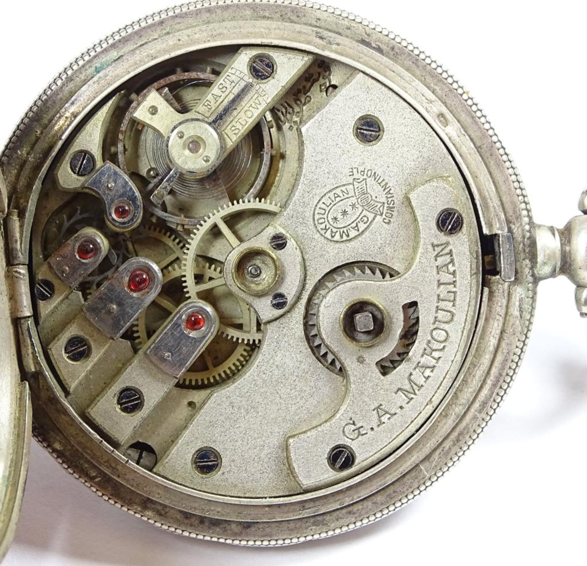 Alte Herrentaschenuhr,"G.A.Makoulian" ,800er Silber, Schlüsselwerk,Werk läuft, Löwenmarke, - Bild 6 aus 9