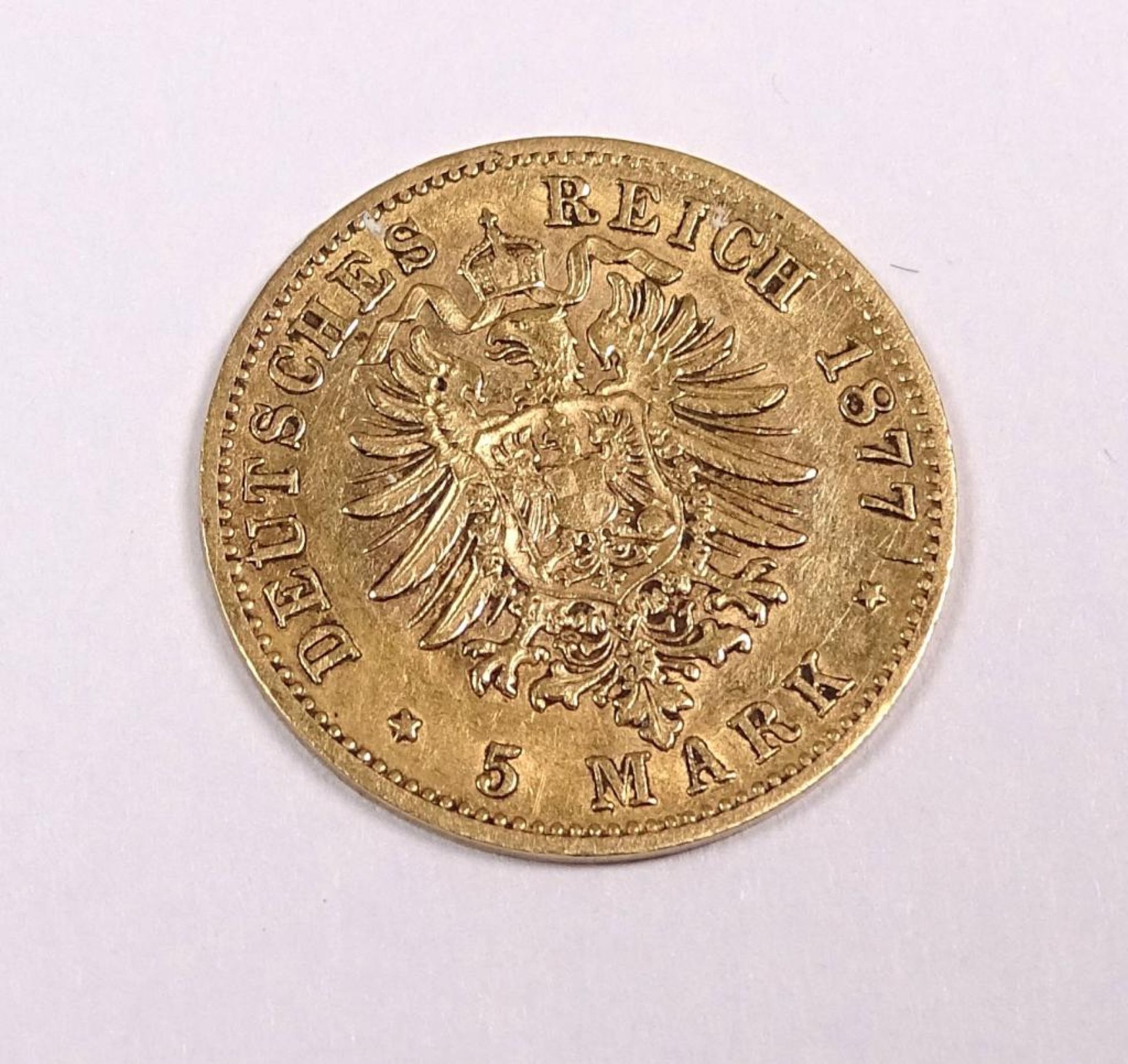 Selten! Goldmünze : 5 Mark 1877 F , Karl König v. Wuerttemberg,Deutsches Reich, 900/000, d-17mm, 1, - Bild 2 aus 2