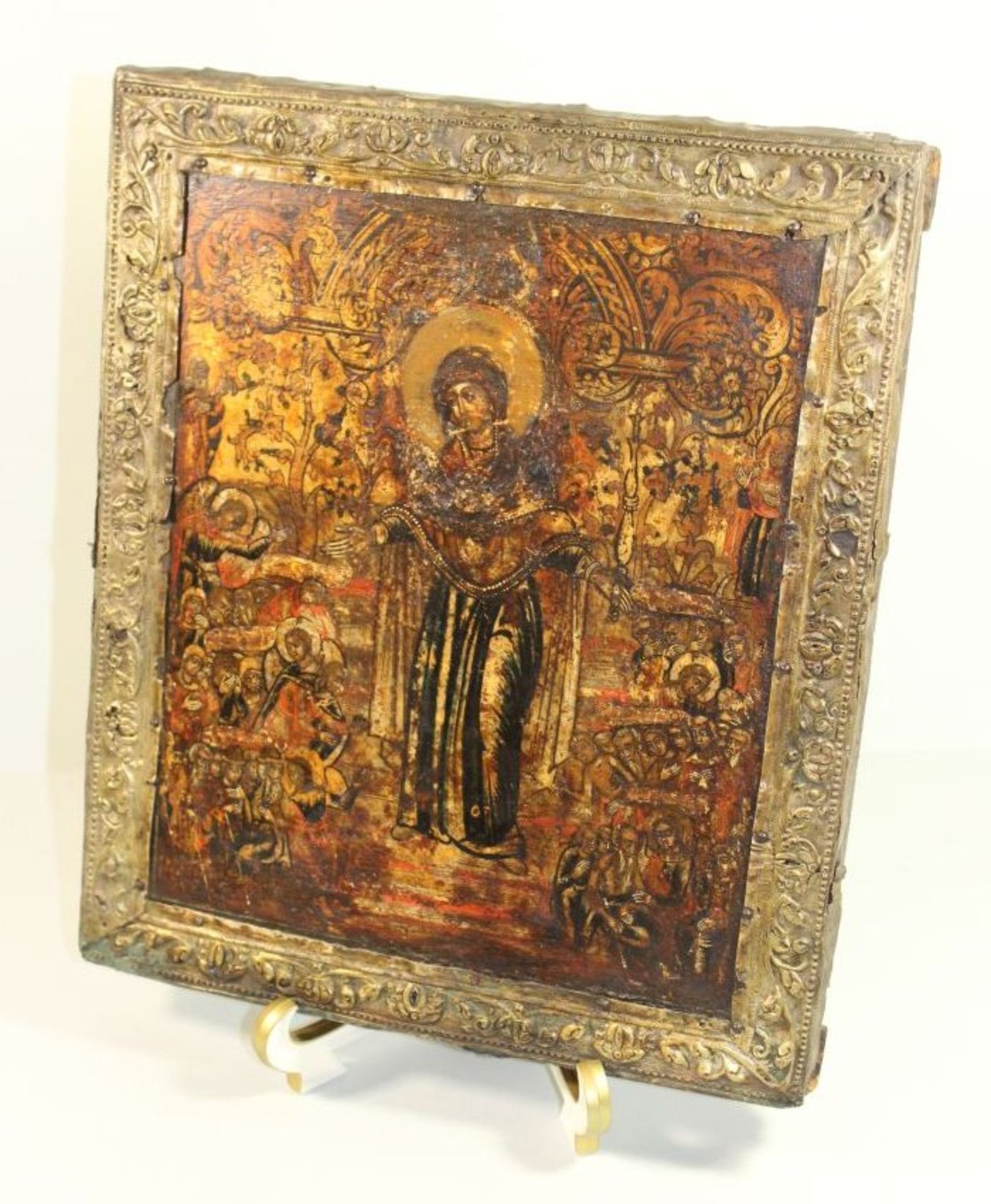 russische Ikone "Muttergottes von der Passion", 18. Jhd., 31 x 26cm, verso Beschreibung.