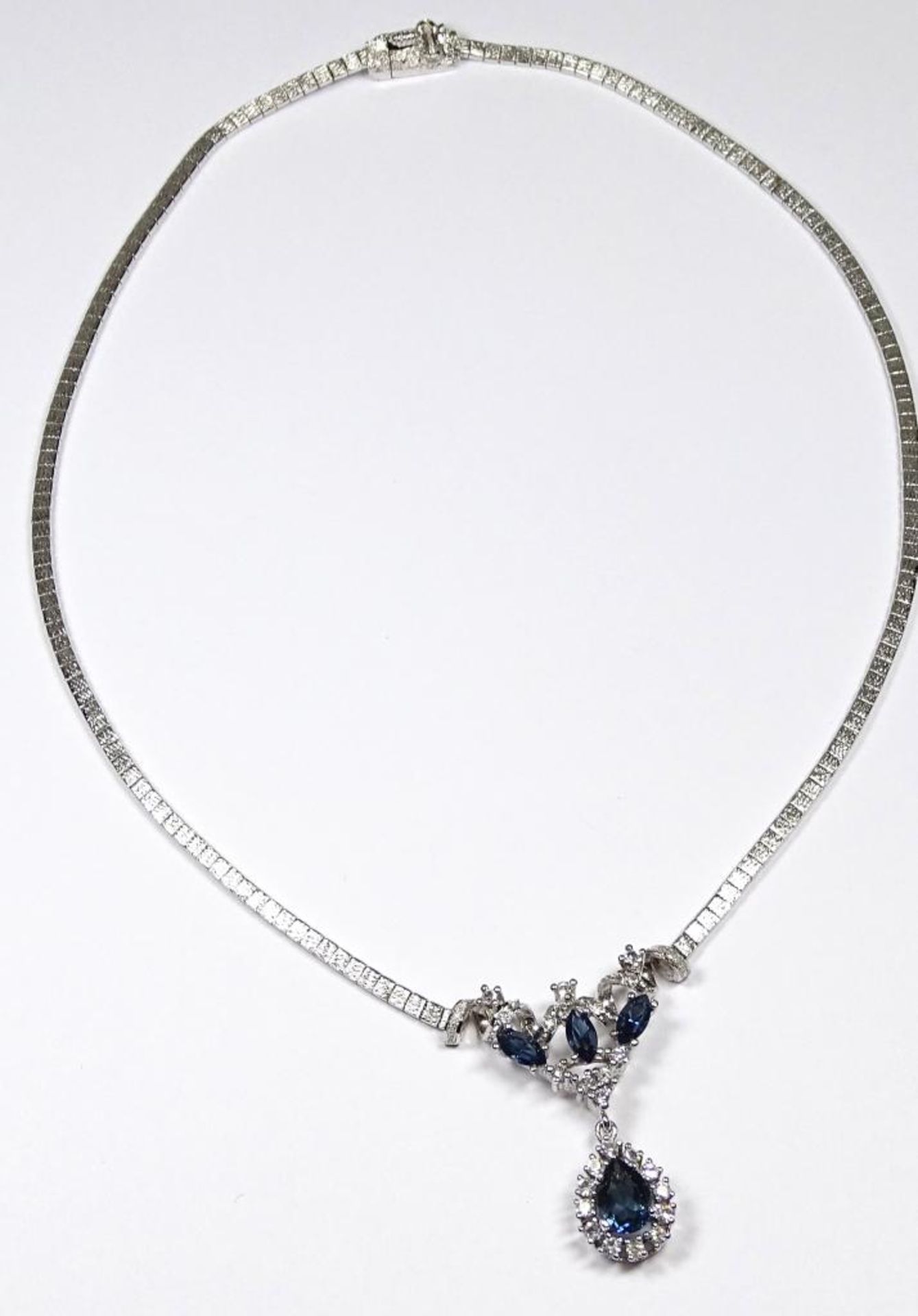 925er Silber Collier mit Zirkone und blauen Steinen,L- 44cm, 23,9gr.