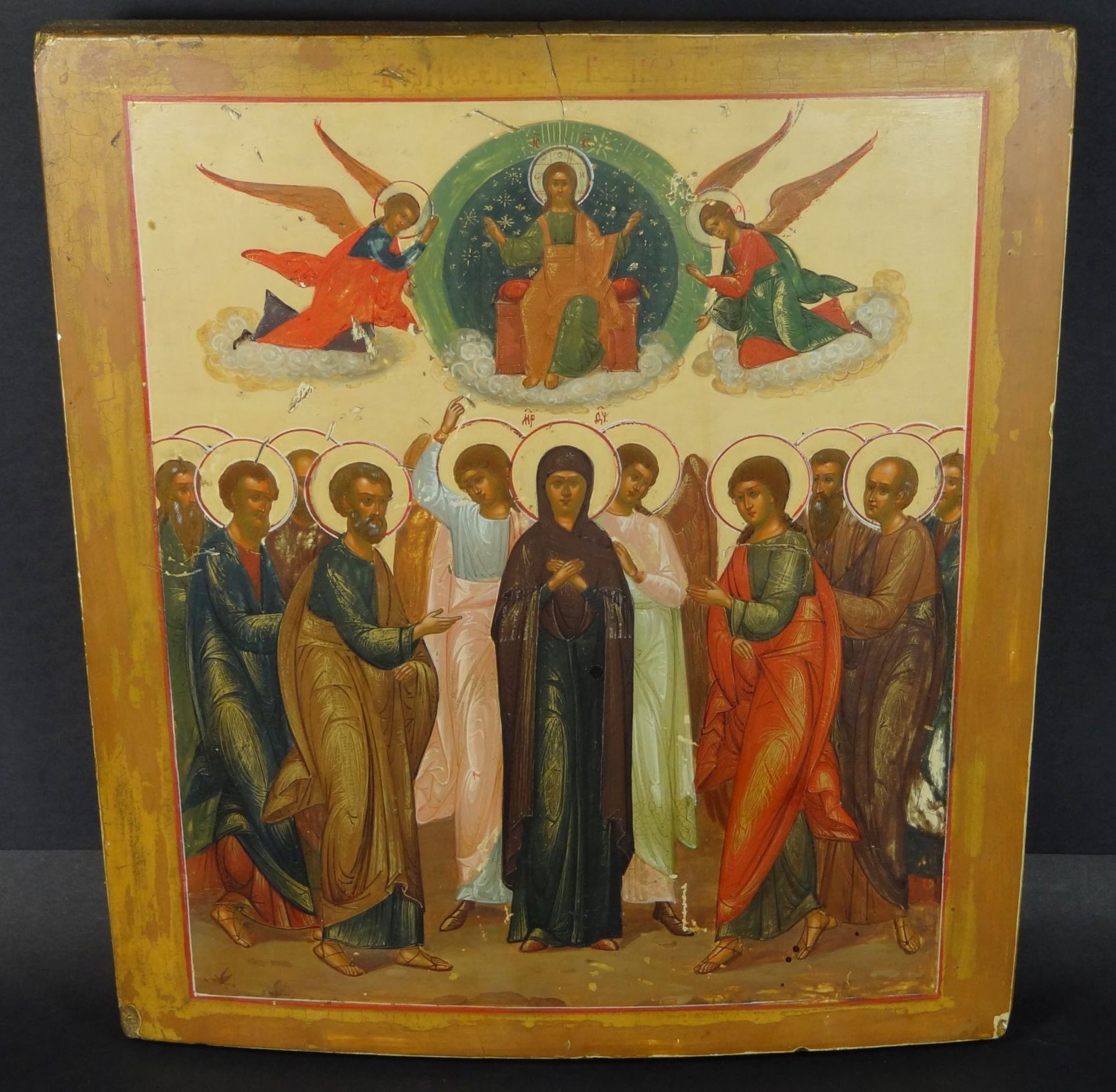 Ikone "Jesus, Erzengel und Heilige" 2-fach gesperrte Holzplatte, wohl Russland, Alters-u.