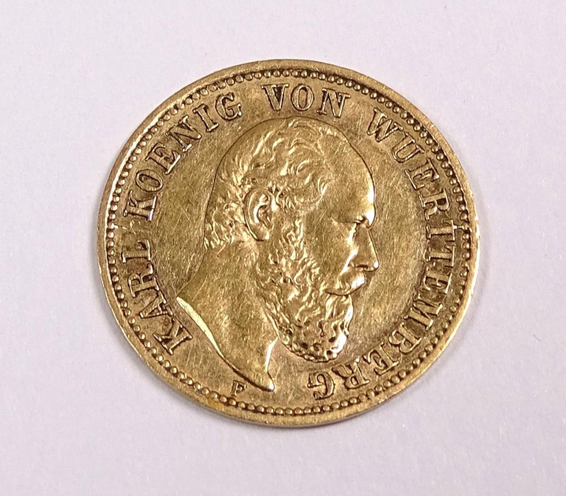 Selten! Goldmünze : 5 Mark 1877 F , Karl König v. Wuerttemberg,Deutsches Reich, 900/000, d-17mm, 1,