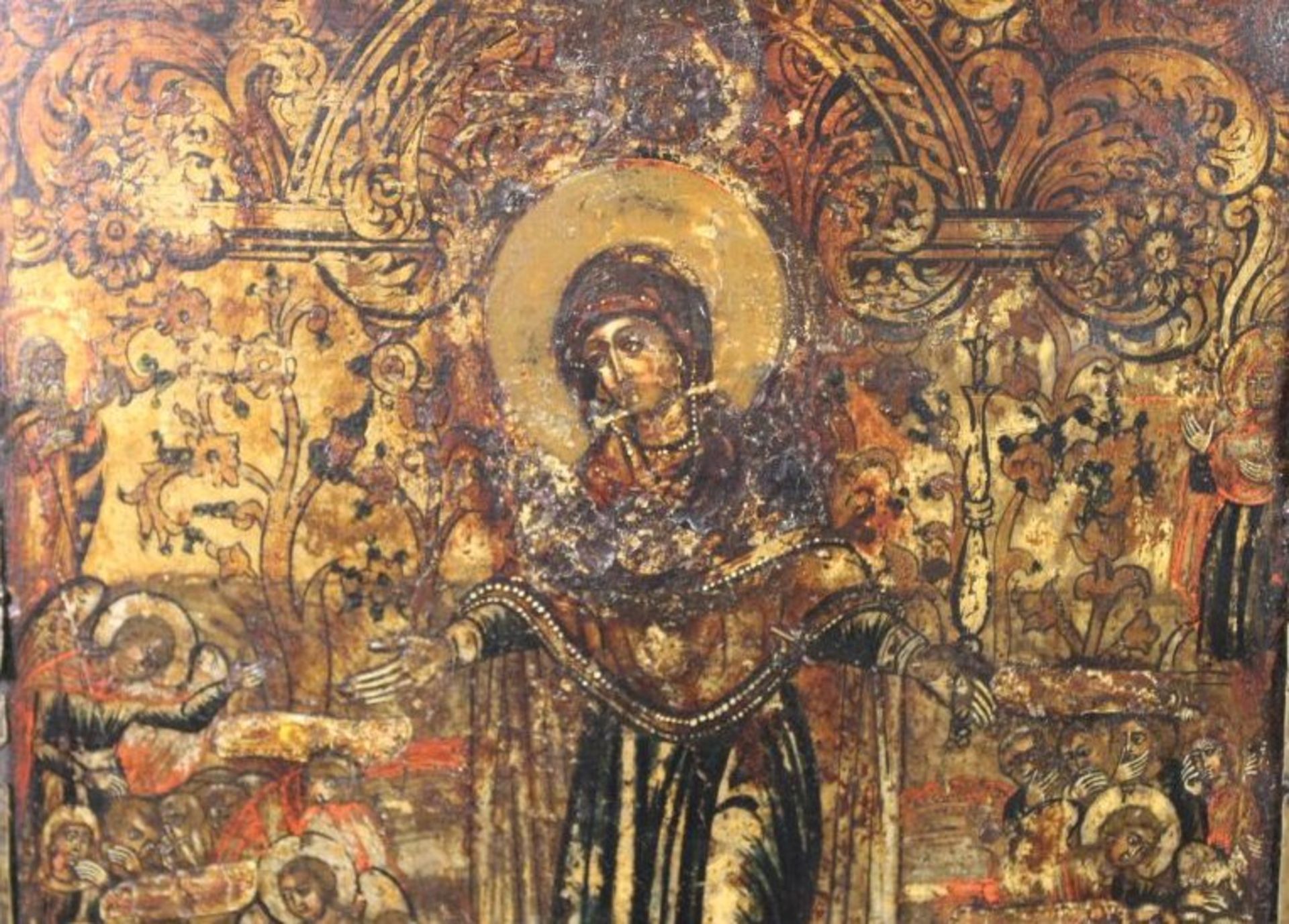 russische Ikone "Muttergottes von der Passion", 18. Jhd., 31 x 26cm, verso Beschreibung. - Bild 2 aus 3