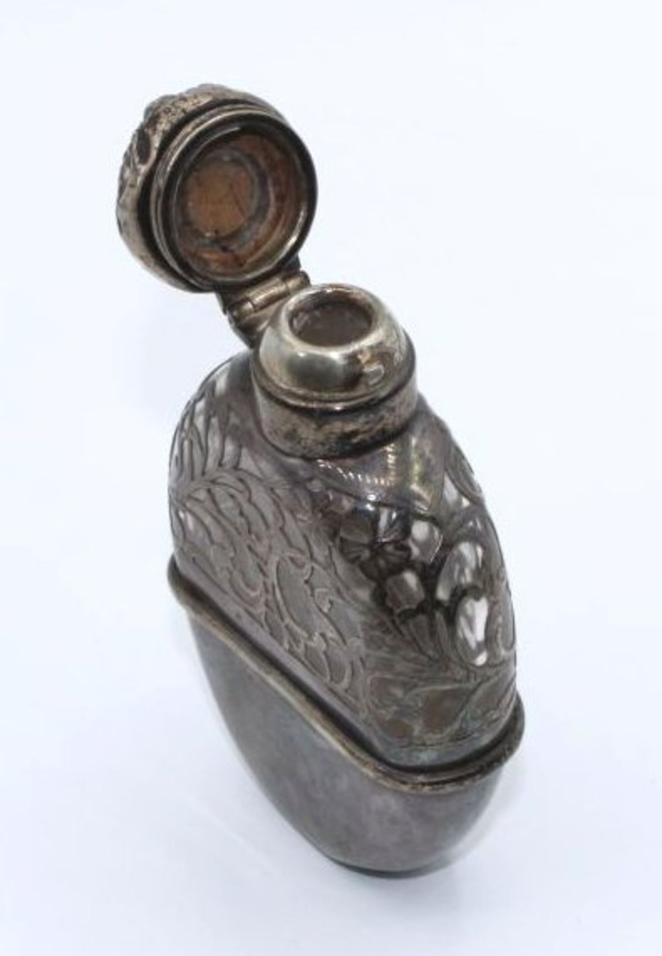 Flachmann,Sterling-Silber, Glaskorpus, um 1910, Altersspuren, H-10,5cm. - Bild 3 aus 3