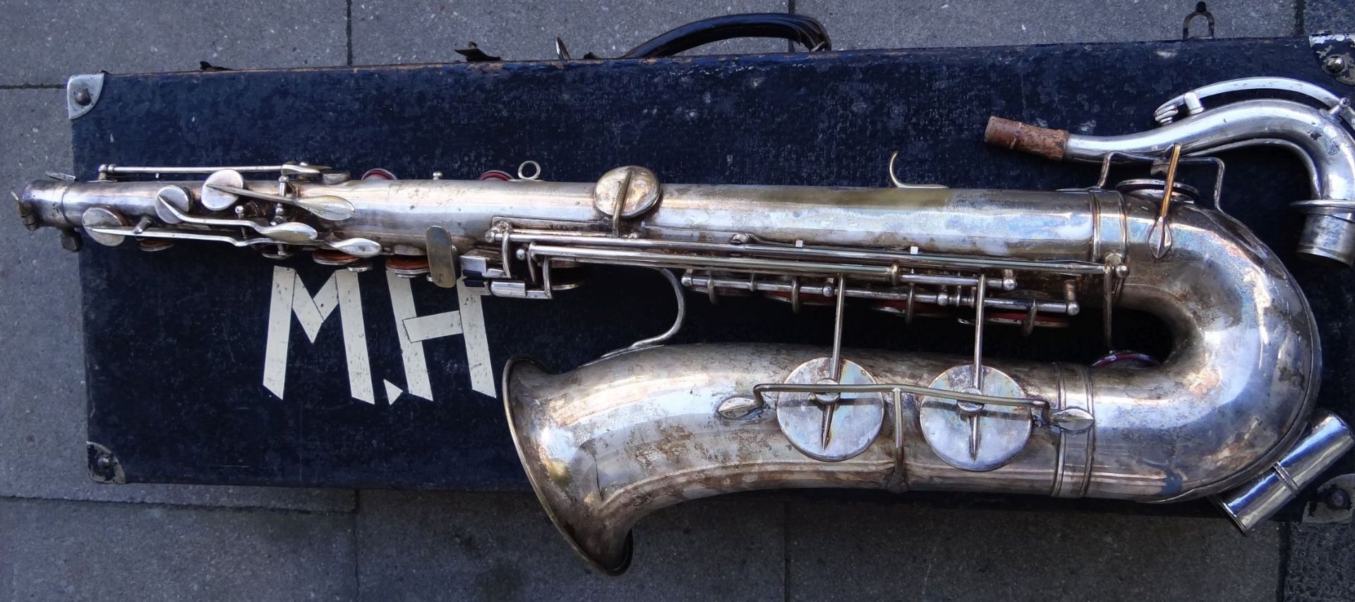 gr. Saxophon "J.R.Lafleur&Sons" London/Paris in Koffer (80x27 cm) Alters-u. Gebrauchsspuren - Bild 5 aus 9