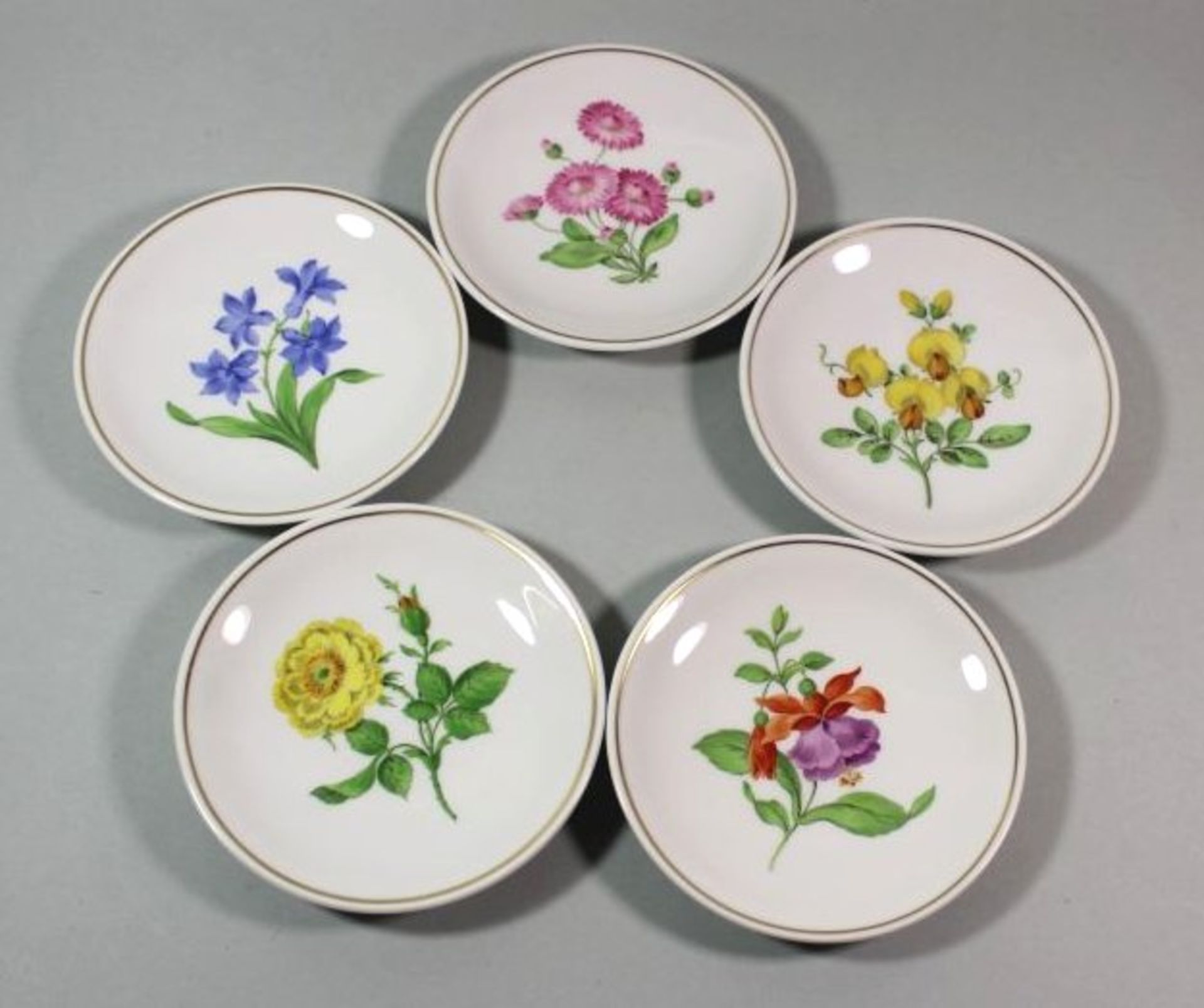 5x kl. Wandteller, Meissen, Schwertermarke, 1. Wahl, div. Blumenbemalungen, je D-11,5cm.