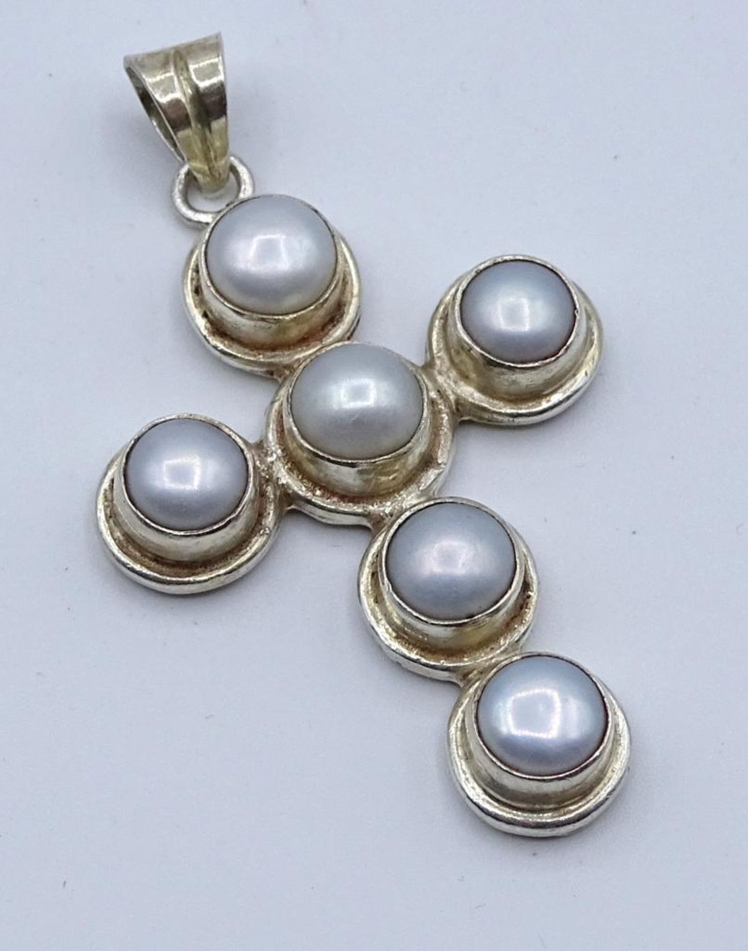 Kreuz Anhänger,925er Silberfassung,Perlen Besatz,4,5x2,7cm, 7,10gr