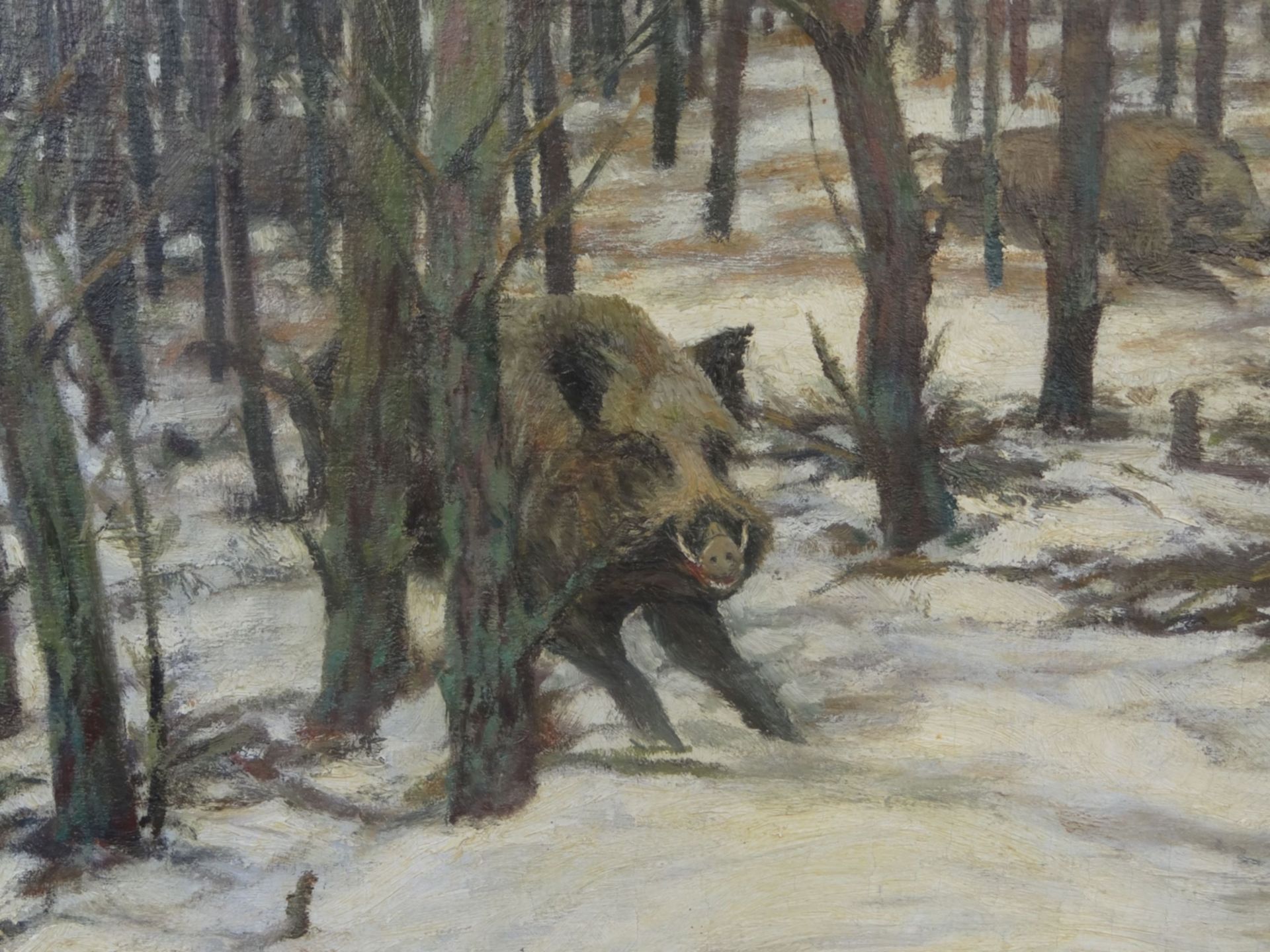 unleserl. signiert "Wildschwein-Rotte im Winterwald", Öl/Leinen, gerahmt, RG 100x86 c - Bild 3 aus 5