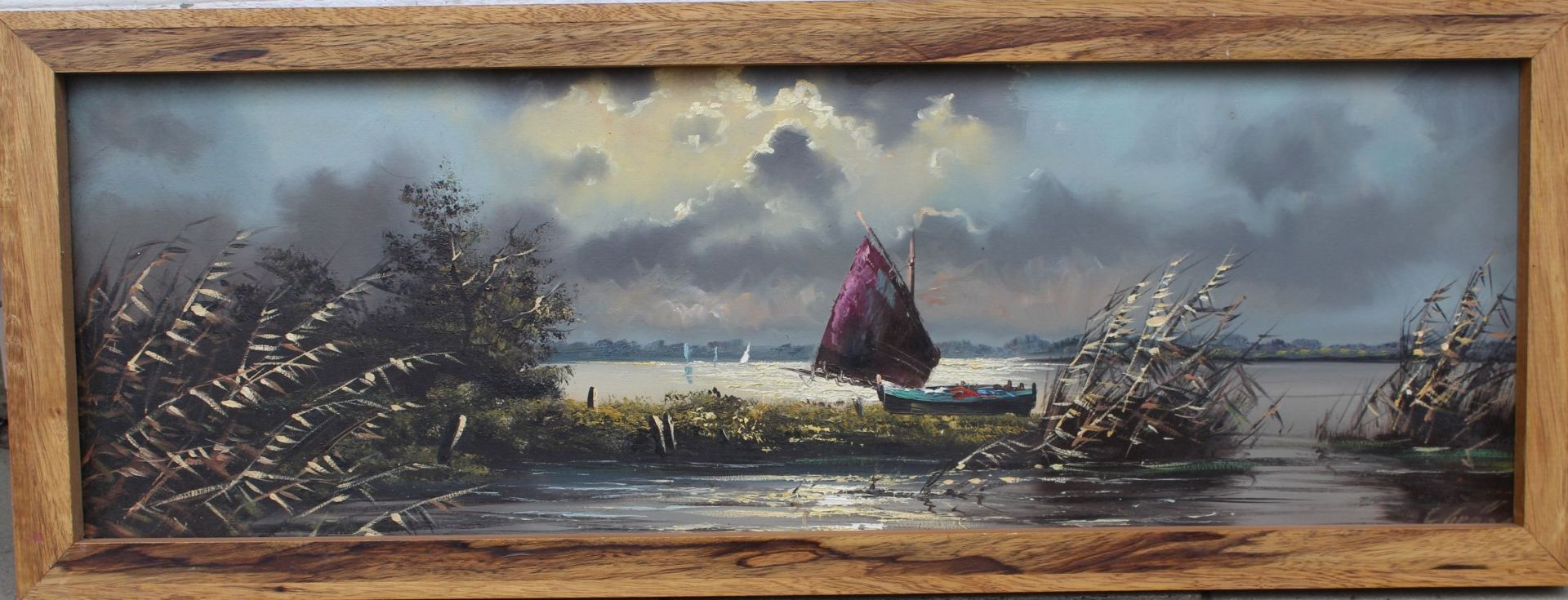 unleserl signiert "Fischerboot am Ufer", Öl/Platte, gerahmt, 38x102 c - Bild 2 aus 4