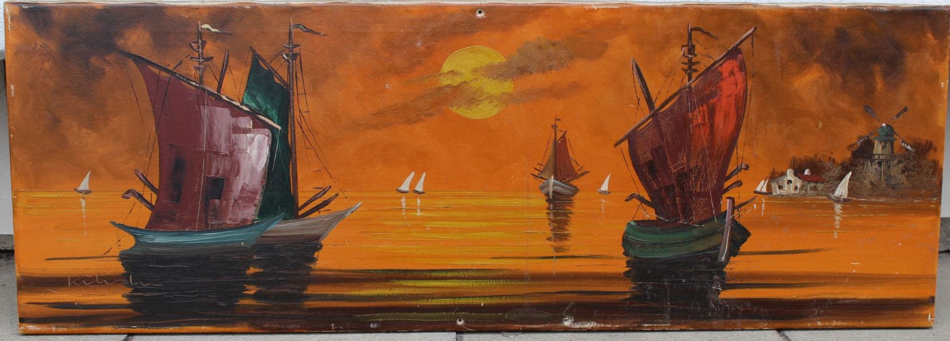 Kilian "holländische Fischerboote im Abendrot" Öl/Leinen, 35x100 cm, 2 kl. Löc