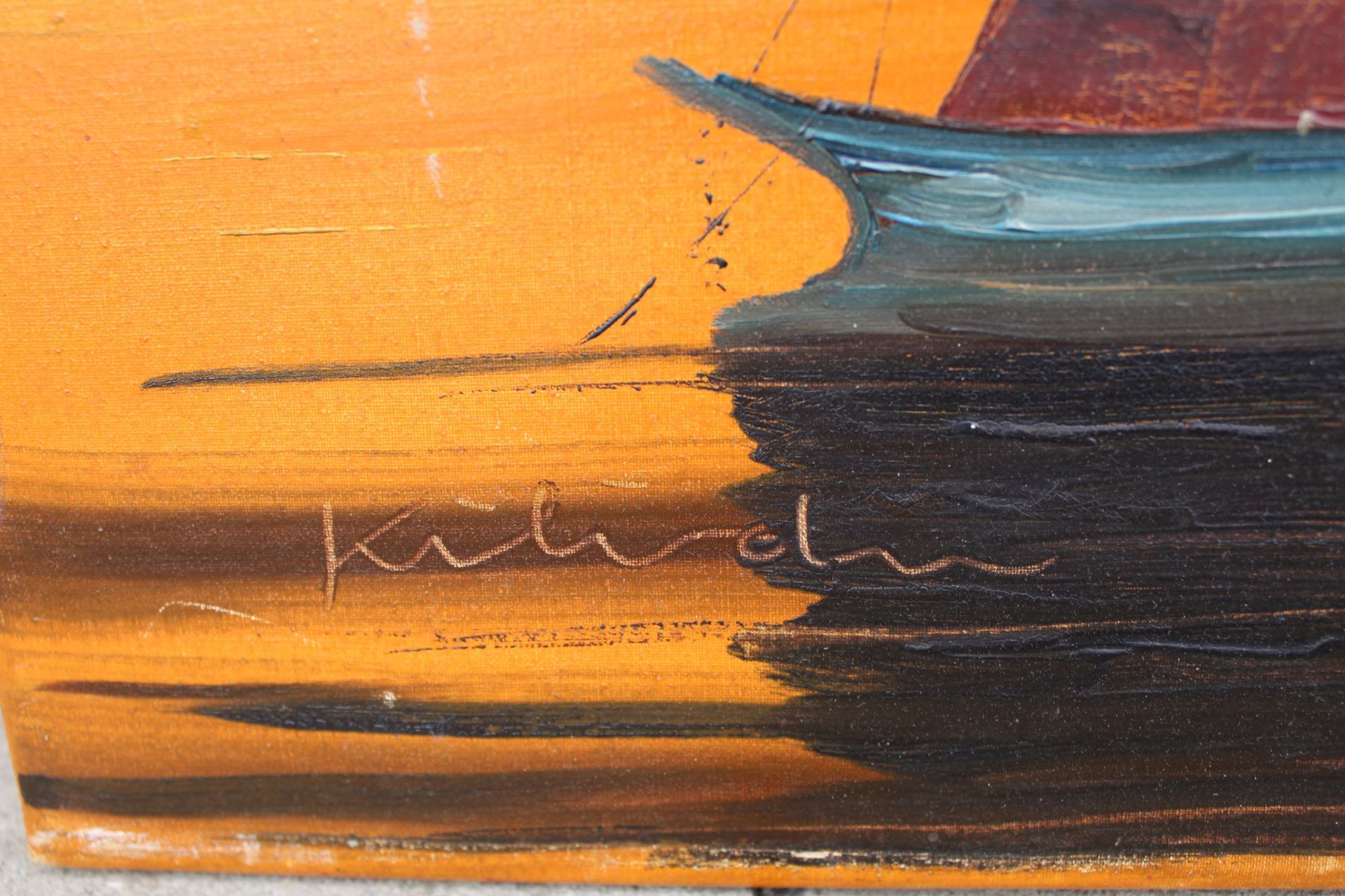 Kilian "holländische Fischerboote im Abendrot" Öl/Leinen, 35x100 cm, 2 kl. Löc - Bild 5 aus 7