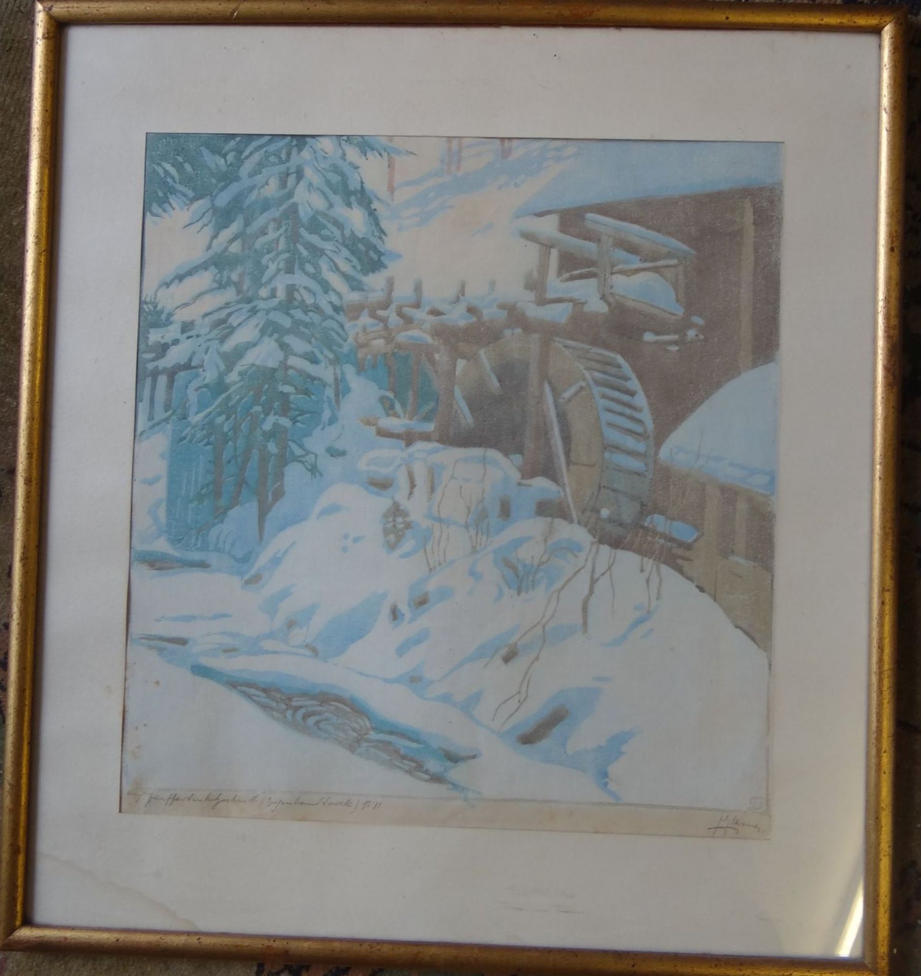 *Jakob GLASNER (1879-1942), Farbholzschnitt, Winter-Wassermühle, Eigenhanddruck Nr. 11, ger/Glas, RG