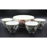 Reisschale und 4x Teebecher, China, gemarkt, H-7cm D-14cm u. H-5cm D-8cm.