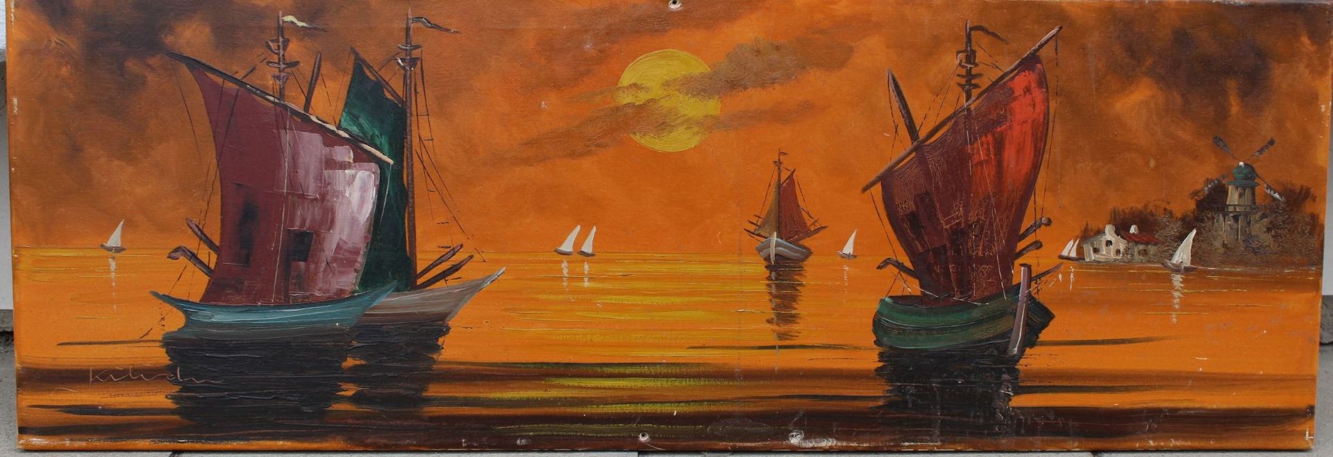 Kilian "holländische Fischerboote im Abendrot" Öl/Leinen, 35x100 cm, 2 kl. Löc - Bild 2 aus 7