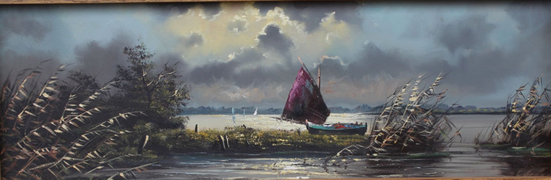 unleserl signiert "Fischerboot am Ufer", Öl/Platte, gerahmt, 38x102 c